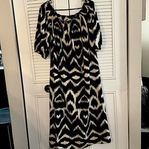 Black and white ikat off the shoulder short sleeved dress